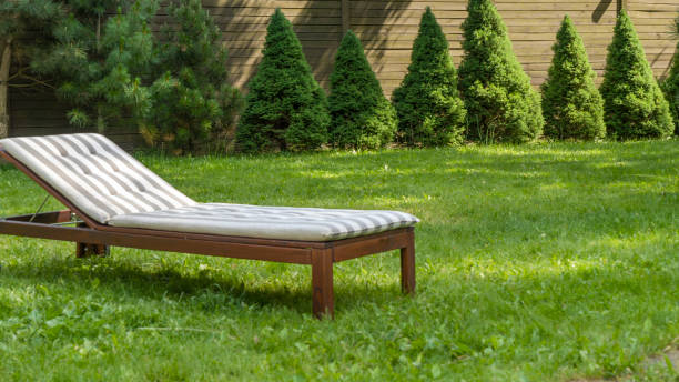 istock Lounge chairs on the backyard in a beautiful garden. Two empty sunbeds on the grass. 1408068499