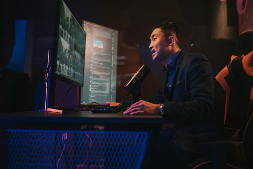 Asian Chinese Esports Game Host Streamer online streaming hosting in game room with VoIP and instant messaging social platform.