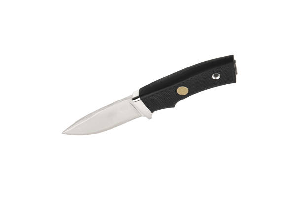 istock Modern hunting knife with silver blade and rubber handle. Steel arms. Isolate on a white background. 1408071556