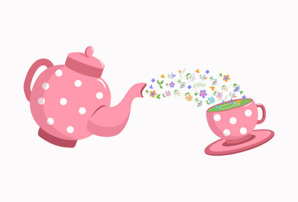 ilustrações de stock, clip art, desenhos animados e ícones de teapot with floral green tea and a cup and saucer. - tea cup tea green tea chinese tea