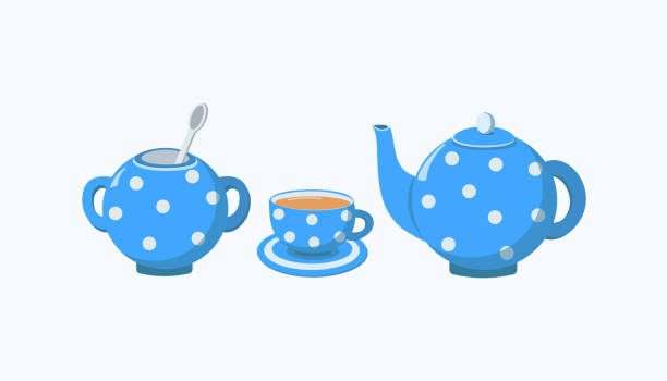 Set of dishes for tea drinking. Set of dishes for tea drinking. Blue cup, teapot and sugar bowl. Tea in a cup. Vector illustration, still life. The background is isolated. tea cup and saucer stock illustrations