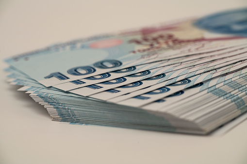 Macro shot of One Hundred Turkish Lira Banknotes.