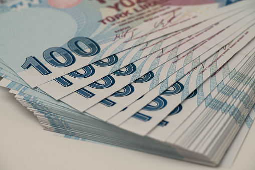 Macro shot of One Hundred Turkish Lira Banknotes.