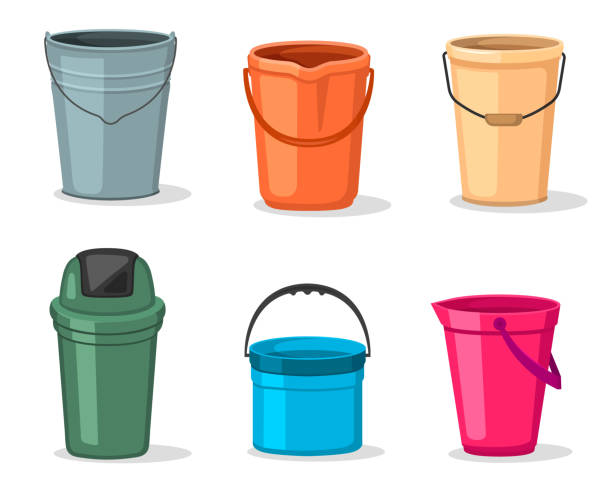 istock Different empty buckets. Illustration of bucket and water container. Metal plastic and wooden buckets collection. Garbage containers vector illustration. 1408074484