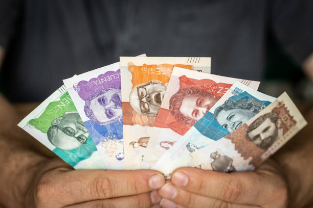 Colombia money, Man in a shirt holds in front of him a spread fan of pesos banknotes, Business investments, Creative financial concept Colombia money, Man in a shirt holds in front of him a spread fan of pesos banknotes, Business investments, Creative financial concept colombian peso stock pictures, royalty-free photos & images