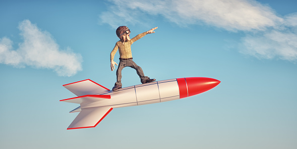 Old man flying on a rocket. Start up and project launch concept. This is a 3d render illustration