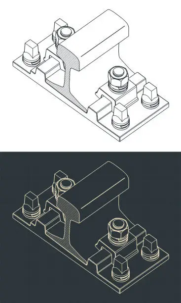 Vector illustration of Clamp rail fastening system isometric drawings