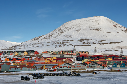 Row of colourful chalet houses in Longyearbyen, Svalbard, the most northery town in the world. Svalbard is a Norwegian archipelago between mainland Norway and the North Pole.