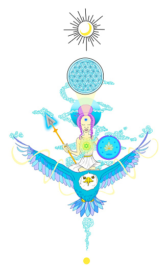 illustration of a woman flying on an eagle representing the goddess of the wind