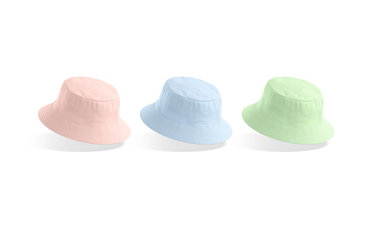 Blank colored bucket hat mockup, no gravity, 3d rendering. Empty pink, green and blue protect casual panama mock up, isolated. Clear denim or canvas headgear for summer template.