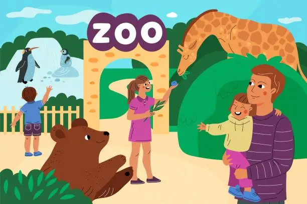 Vector illustration of Zoo entrance gates. Safari park doors. Tourists with kids feed animals. Cute penguins. Giraffe and bear. Family leisure. Summer recreation. Parents and children joy. Vector concept