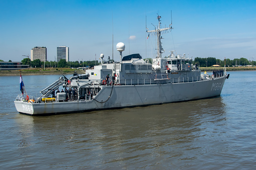 Dutch warship M864 named Zr.Ms. Willemstad that was commissioned on September 20, 1989. It is a minehunter. Photographed in Antwerp (Belgium) during the celebration of 75 years of the navy)