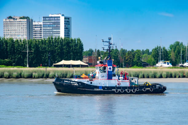 A tugboat sailing on the Scheldt in Antwerp (Belgium) on a sunny day.