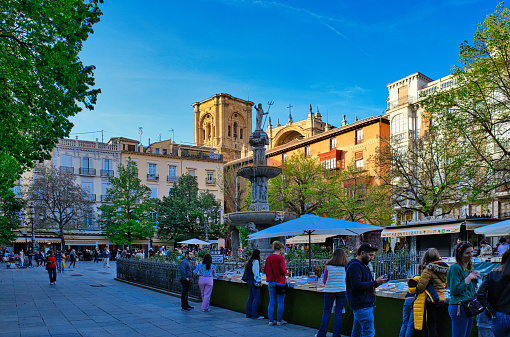 Plaza Bib Rambla, Granada, Spain - People browsing the market around the Gigantones Fountain in early evening, overlooked by the cathedral bell tower