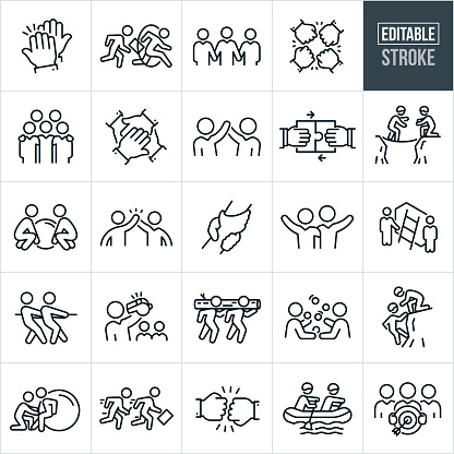 A set of team building icons that include editable strokes or outlines using the EPS vector file. The icons include a high five, employees jumping through hoops, employees holding hands in unity, workers doing a fist bump, co-workers with arms around shoulders, workers stacking hands, two puzzle pieces being connected, two employees working together in at team-building activity involving walking a tight rope, two coworkers lifting a heavy object together, employees giving each other a high five, gripped hands, co-workers completing an obstacle course, workers working together as a team in a tug-of war event, team captain blowing a whistle, co-workers carrying a log in a team building activity, co-workers juggling together, employee helping a fellow employee up a cliff face, two employee pushing a large heavy ball, co-workers in a race together passing a baton, two fellow co-workers paddling in a raft together, and an employee holding a target with an arrow in the bullseye.