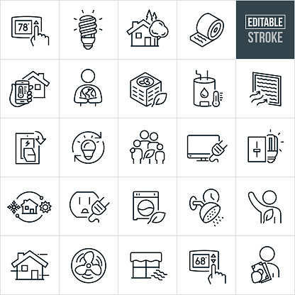 A set of home energy conservation icons that include editable strokes or outlines using the EPS vector file. The icons include a thermostat with temperature being increased, thermostat with temperature being lowered, shining cfl light bulb, house with shade trees, roll of insulation, smart home temperature being lowered using smartphone, conservationist holding earth arms, energy efficient air conditioner unit, lowering temperature on water heater, furnace filter, turning off light switch, LED lightbulb, family committed to energy conservation, unplugging computer, turning off appliances, dimming lights, house, wall outlet with cord, energy efficient washing machine, timing showers, conservationist with arm raised to commit to conserving energy, heating and cooling, osculating fan, energy efficient windows and a person saving money on power bill.