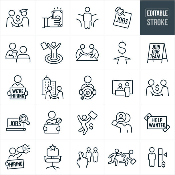 Employment Thin Line Icons - Editable Stroke A set of employment icons that include editable strokes or outlines using the EPS vector file. The icons include a recent graduate being offered a job with a handshake, employer giving out sign up bonus in the form of cash, jobseeker holding briefcase at fork in the road, jobs sign, employer giving job interview to job candidate, business person with arms raised after getting job offer, person getting job offer from employer with the shake of the hand over boardroom table, career path, employer with a we are hiring sign, job candidate holding target with arrow in bullseye, job seeker at job fair, job offer with a handshake, job search online, person with office desk supplies taking a new job, business person jumping for joy over job offer, recruiter using magnifying glass to find job candidate, help wanted sign, human resources manager holding a hiring sign and shouting through megaphone, job candidates, employer running after fleeing employee and other related icons. interview event clipart stock illustrations