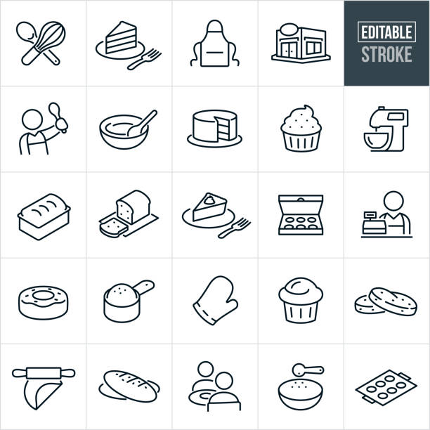 Bakery Thin Line Icons - Editable Stroke A set of bakery icons that include editable strokes or outlines using the EPS vector file. The icons include a wire whisk, slice of cake on a plate, apron, bakery, baker with wooden spoon raised in the air, mixing bowl with wooden spoon, cake on a plate, cupcake, stand mixer, baked bread in pan, cut baked bread, slice of pie on a plate, box of doughnuts, cashier at cash register, doughnut, cup of sugar, cup of flour, oven mitt, muffin, chocolate chip cookies, rolling pin rolling out dough, bagel, two people seated eating together, ingredients being added to mixing bowl and a cookie sheet with cookies. Pastry stock illustrations