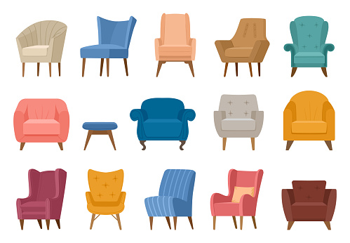 Cartoon comfy armchairs and chairs, modern furniture collection. Cozy retro apartment soft armchairs vector symbols illustration set. Trendy furniture bundle