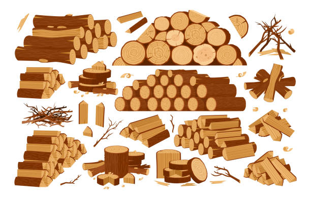 Cartoon wooden logs, firewood piles and stacked bonfire firewoods. Wood industry materials, lumber branch and twigs vector symbols illustration set. Wooden bonfire logs