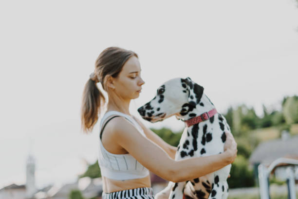 istock Young female playing with Dalmatian dog. 1408092901