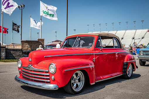 Lebanon, TN - May 14, 2022: Low perspective front corner view of a 1947 Ford Super Deluxe Club convertible at a local car show.