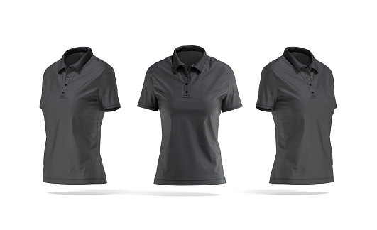 Blank black women polo shirt mockup, front and side view, 3d rendering. Empty classic cotton poloshirt with collar mock up, isolated. Clear female t-shirt with button for football or golf template.