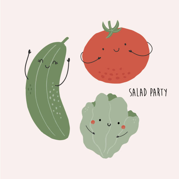 Vector illustration with funny characters cucumber, tomato and lettuce. Vector illustration with funny characters cucumber, tomato and lettuce. Vegetable poster, design tomato face stock illustrations
