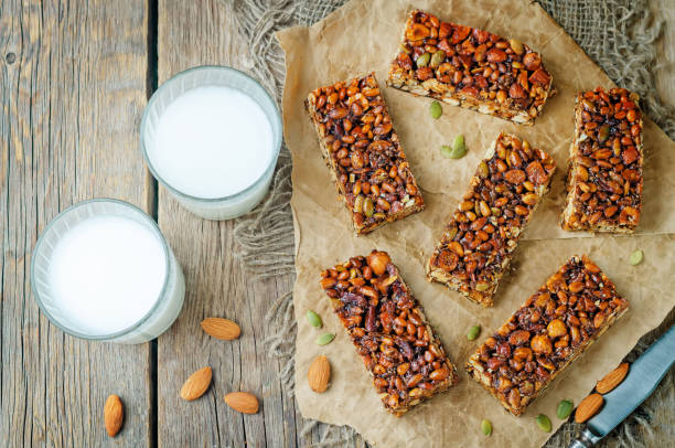 istock Healthy honey nuts bars with milk 1408103423