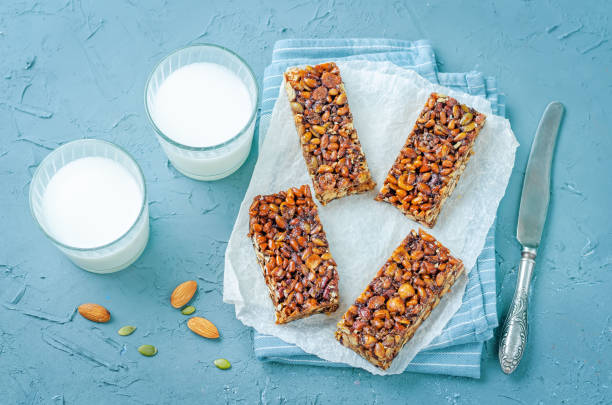 istock Healthy honey nuts bars with milk 1408103447