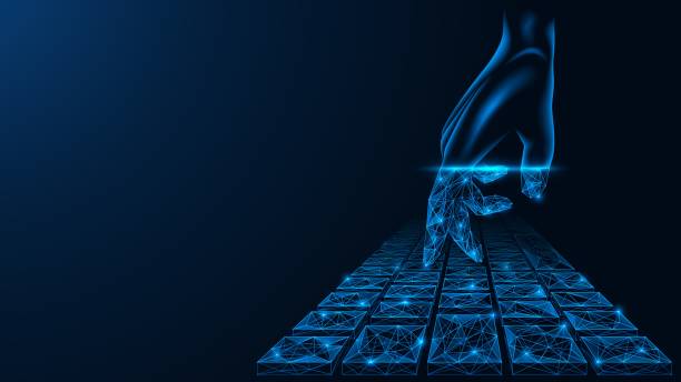 istock Finger of the hand presses a button on the virtual keyboard. 1408103538