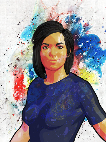 woman portrait illustration watercolor painting abstract background lady on colorful splash stain paint