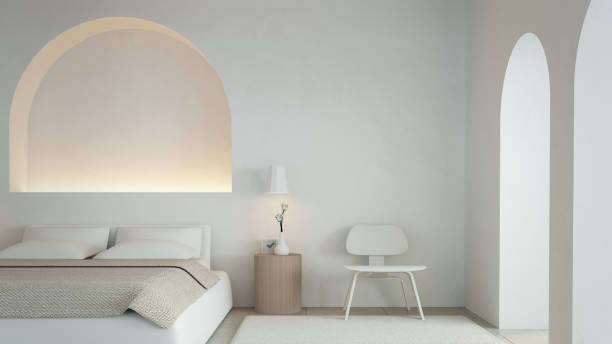 białe wnętrze sypialni w stylu santorini - rendering 3d - c02 zdjęcia i obrazy z banku zdjęć