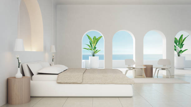 interni della camera da letto bianca in stile santorini - rendering 3d - santorini greece villa beach foto e immagini stock