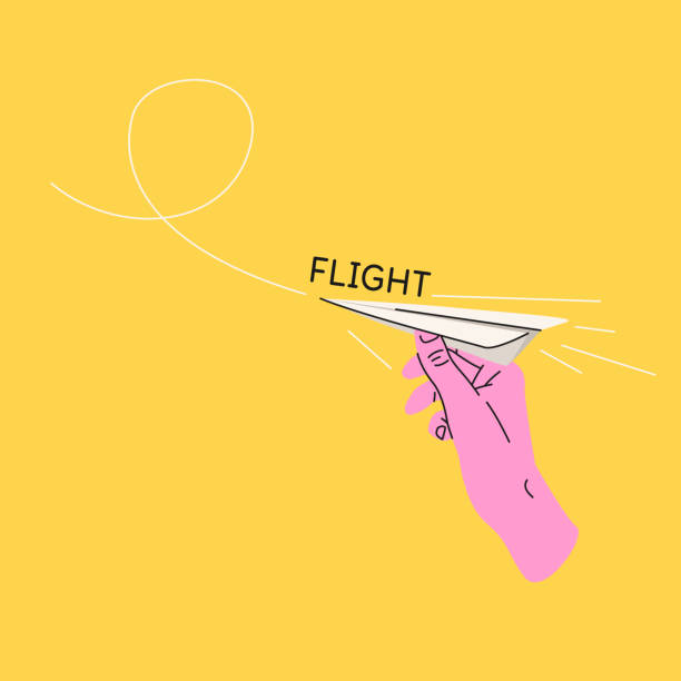istock A man's hand holds a paper airplane. Isolated illustration on a yellow background. Template for the design. 1408105548
