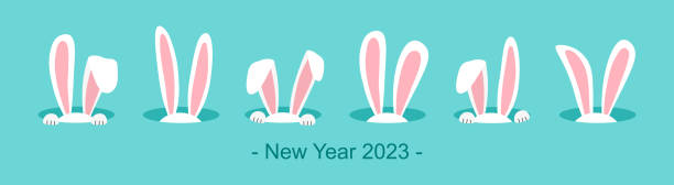 weihnachtskaninchen vektor icon, weihnachtshase im loch. symbol neujahr 2023 auf blauem hintergrund. tierische feiertagsillustration - hasenohren kostümierung stock-grafiken, -clipart, -cartoons und -symbole