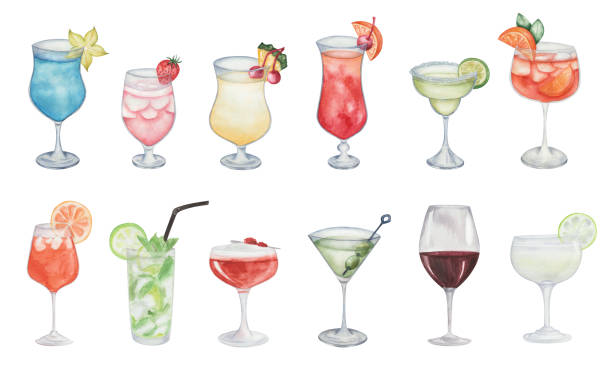 Watercolor illustration of hand painted cocktails. Sex on the beach, margarita, blue lagoon, rum-runner, martini, pina colada, Spritz, mojito, clover club, wine, gimlet. Alcohol beverage drinks Watercolor illustration of hand painted cocktails. Sex on the beach, margarita, blue lagoon, rum-runner, martini, pina colada, Spritz, mojito, clover club, wine, gimlet. Alcohol beverage drinks tropical drink stock illustrations