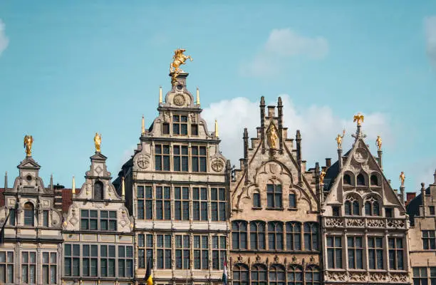 Close up of buildings on Antwerp's Grote Markt in the downtown region. Antwerp is Belgium's most populous city and the capital of the Antwerp province, located in Flanders.