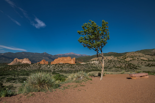 Wide view of Garden of the Gods from Mesa Road Overlook at Colorado Springs, Colorado in western USA.