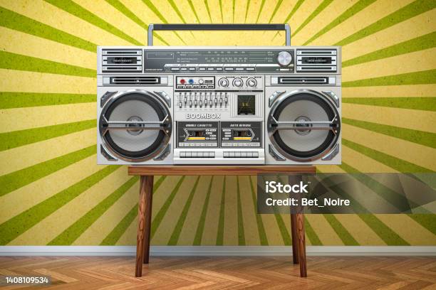 Retro Ghetto Blaster Boombox Radio And Audio Tape Recorder On Vintage Background Stock Photo - Download Image Now