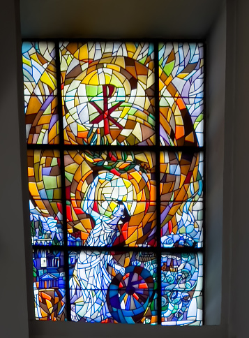 Stained glass window in the window of the church, the shrine of the Mother of God in Chem in eastern Poland