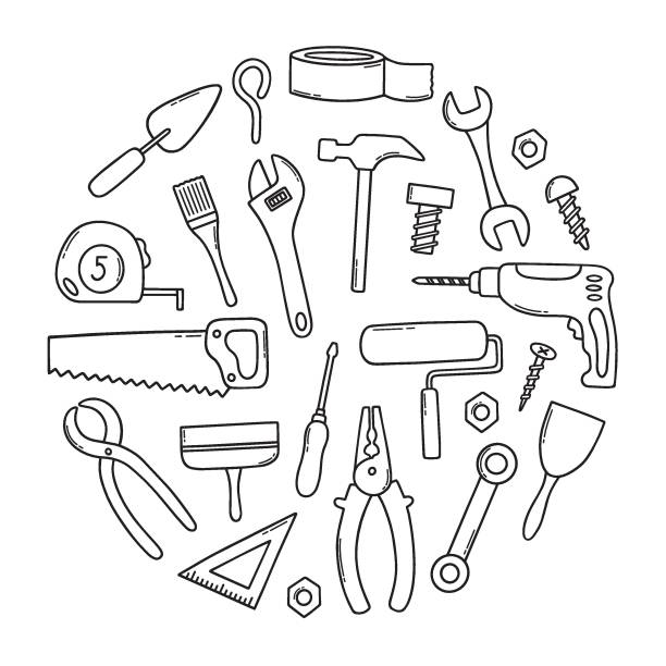 ÐÐ»Ñ ÐнÑеÑнеÑа Hand drawn set of construction tools doodle Different working and building tools in sketch style. Saw, hammer, wrench, screw, drill. Vector illustration isolated on white background. drawing of hand tool stock illustrations