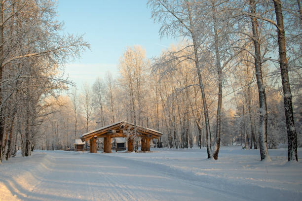 istock A wooden hut stands in a winter park 1408113504