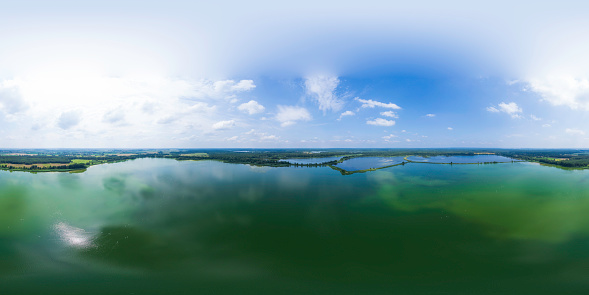 360 degrees spherical panoramic aerial view of a beautiful lakes on a summer day