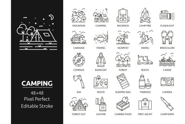 camping line-icon-set - hiking backpacker adventure backpack stock-grafiken, -clipart, -cartoons und -symbole