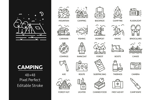 Camping Vector Drawing Icons on 48px grid with 1px stroke width. Infographics, mobile and web etc.
