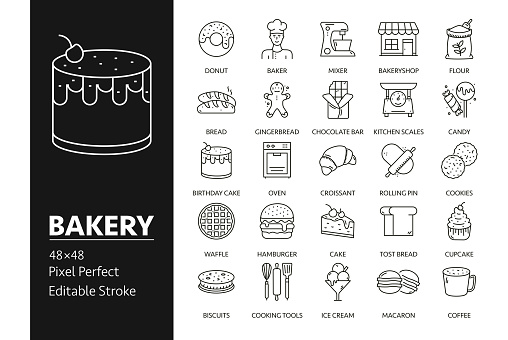 Bakery Vector Drawing Icons on 48px grid with 1px stroke width. Infographics, mobile and web etc.