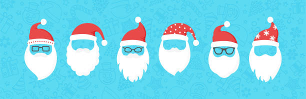 Santa Claus face vector icon, Christmas cartoon character, cute winter man with breard and hat. Holiday illustration Santa Claus face vector icon, Christmas cartoon character, cute winter man with breard and hat. Holiday illustration on blue background beard illustrations stock illustrations