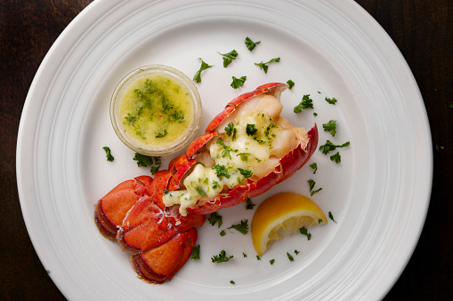 Steamed Lobster Tail with Roasted Garlic and Herb Butter