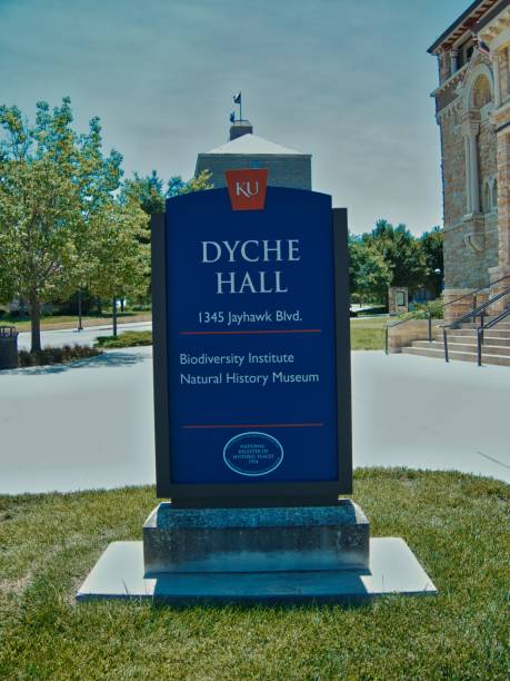 Dyche Hall Sign - University of Kansas Lawrence, Kansas July 10, 2022 - Dyche Hall, home of the KU Natural History Museum kansas football stock pictures, royalty-free photos & images